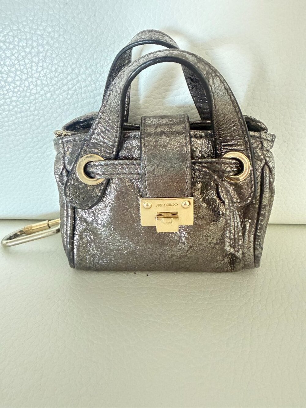 JIMMY CHOO ROSALIE MINI BAG CHARM KEY RING METALLIC SILVER LEATHER ITALY